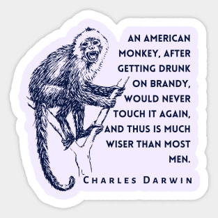 Charles Darwin quote: An American monkey, after getting drunk on brandy, would never touch it again, and thus is much wiser than most men. Sticker